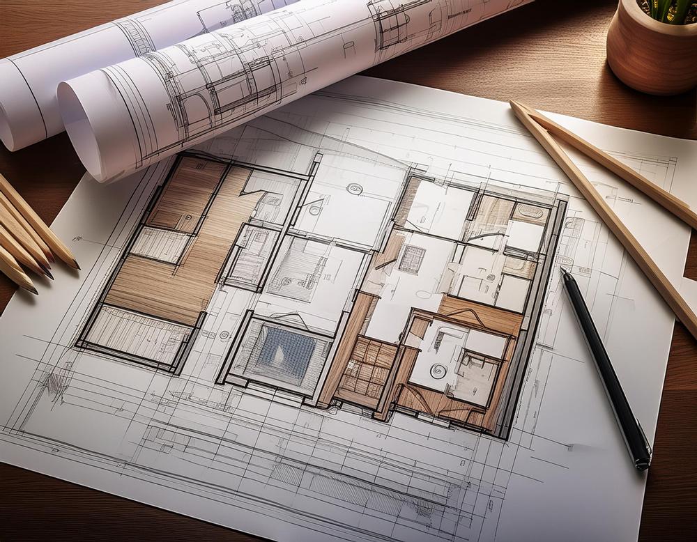 architectural drawings of a house with one rolled up