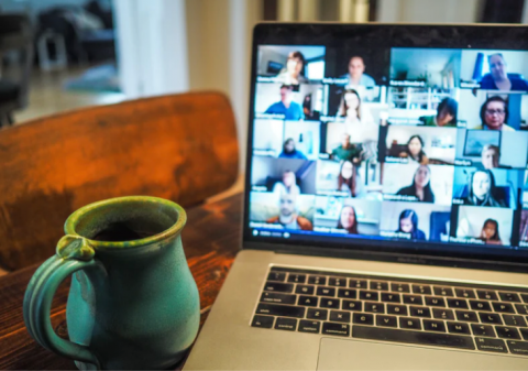 Laptop and online meeting.