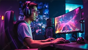 Young confident Asian man playing online computer video game, colorful lighting broadcast streaming live at home. Gamer lifestyle, E-Sport online gaming technology