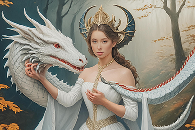 Firefly mythology royal lady holding a horned dragon